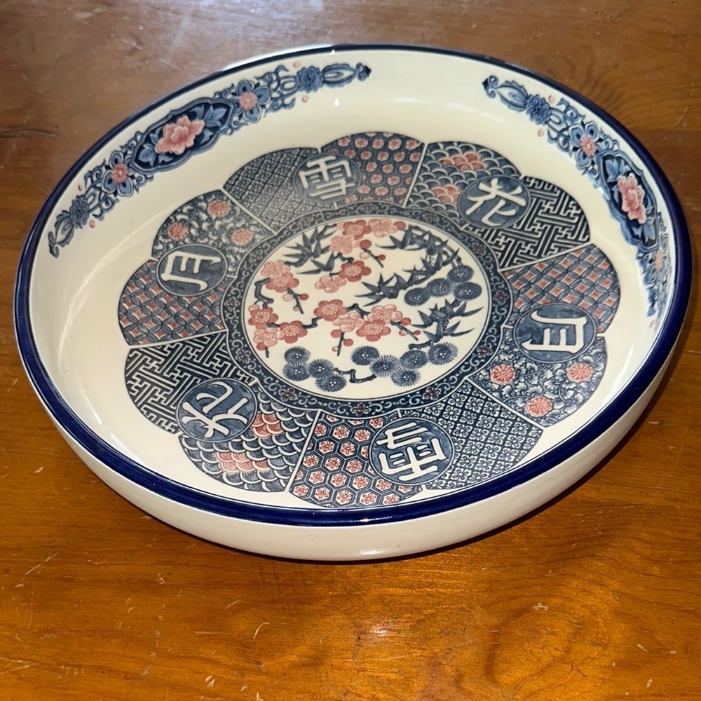 Japanese Imari Style Plate Blue Pink Floral Motif Kanji Design - Picture 2 of 8